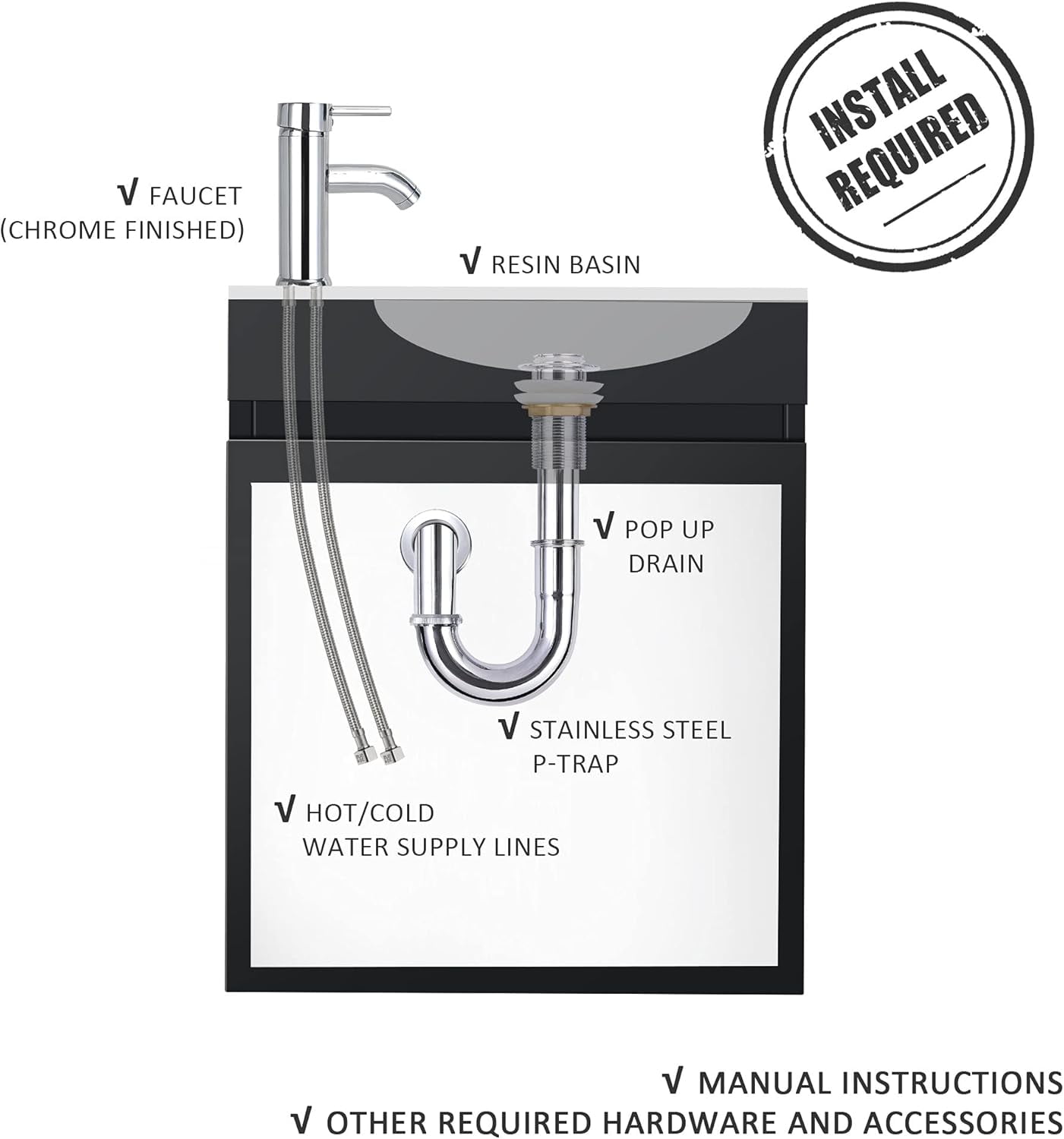 HARIPUL 16 Inch Wall Mounted Bathroom Vanity with Sink, Compact Bathroom Cabinet Set with Chrome Faucet and Drain, Black