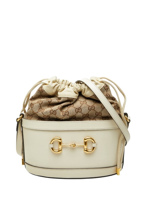 Pre-Owned Gucci GG Canvas Horsebit 1955 Bucket Bag Shoulder 602118 Beige Leather Women's GUCCI
