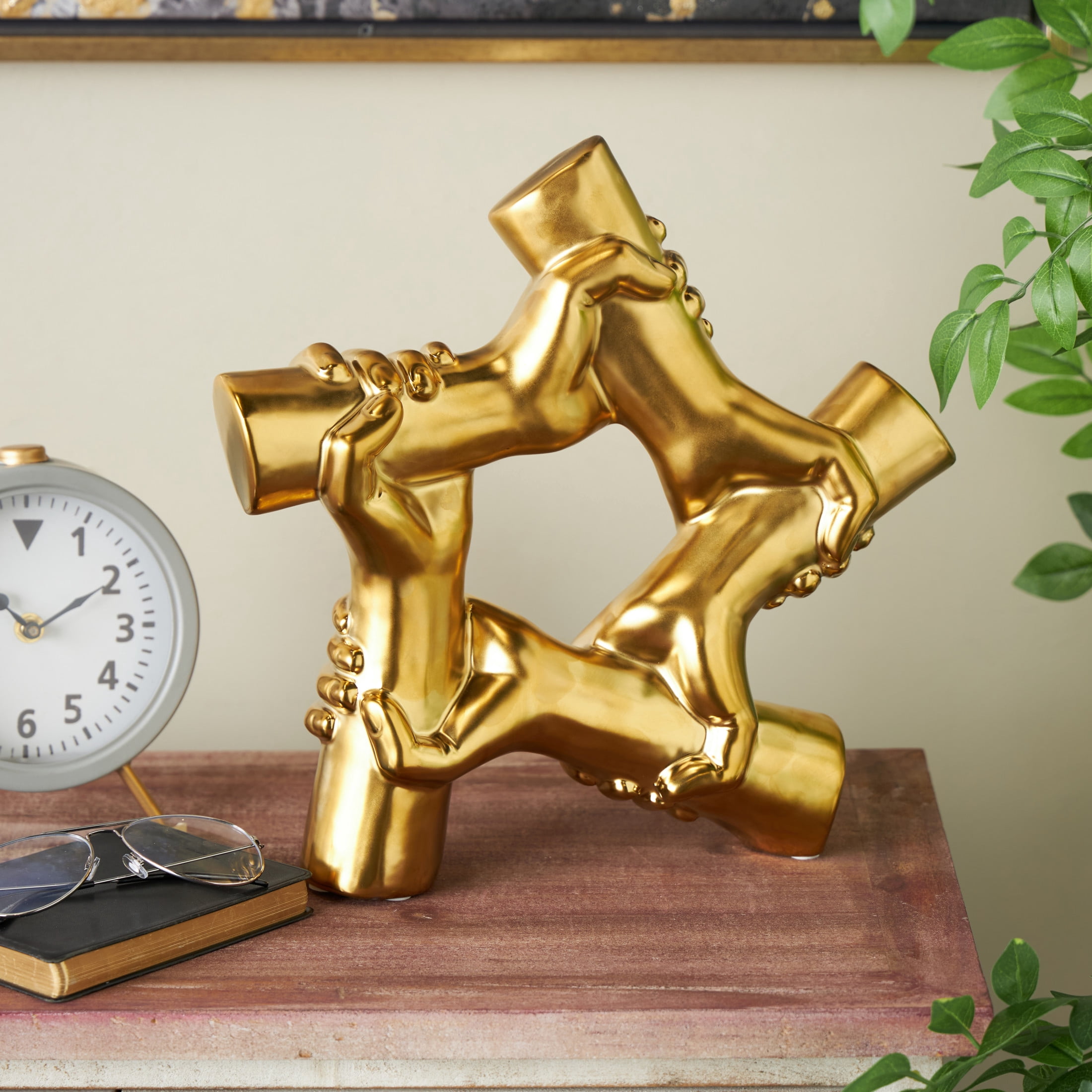 13" x 13" Gold Ceramic Gripping Hands Sculpture, by DecMode