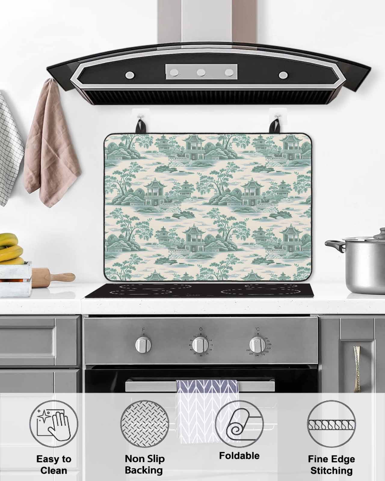 nqOlkjepod Large Induction Cooktop Protector Mat 24"x21", Teal Garden Stove Top Covers for Electric Stove, Modern Art Building Trees Rock Landscape Stove Burner Cover Mats, Glass Top Stove Cover