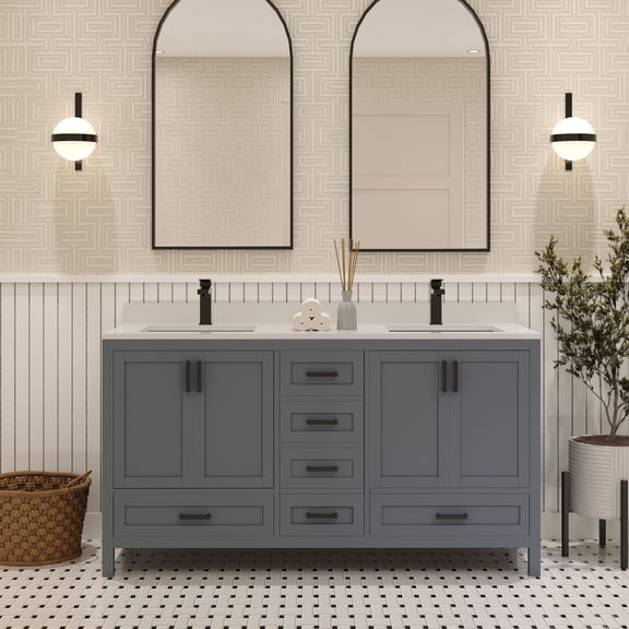 Ayna Decors Rooh 60 in Charcoal Grey Double Sink Bathroom Vanity Set with White Quartz Countertop and Brass Faucets | Pop-Up Drain and P-Trap Included | Black Hardware