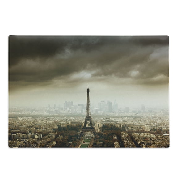 Eiffel Tower Cutting Board, Paris Skyline Cloudy Cityscape Silhouette European Birds Eye View Realistic, Decorative Tempered Glass Cutting and Serving Board, Large Size, Brown Beige, by Ambesonne