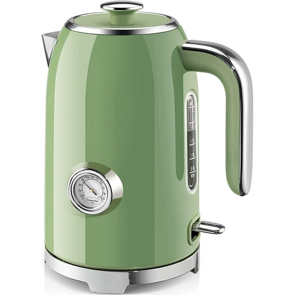 Electric Kettle - 57oz Hot Tea Water Boiler with Thermometer, 1500W Fast Heating Stainless Steel Pot, Cordless LED Indicator, Auto Shut-Off & Boil Dry Protection, Retro Green