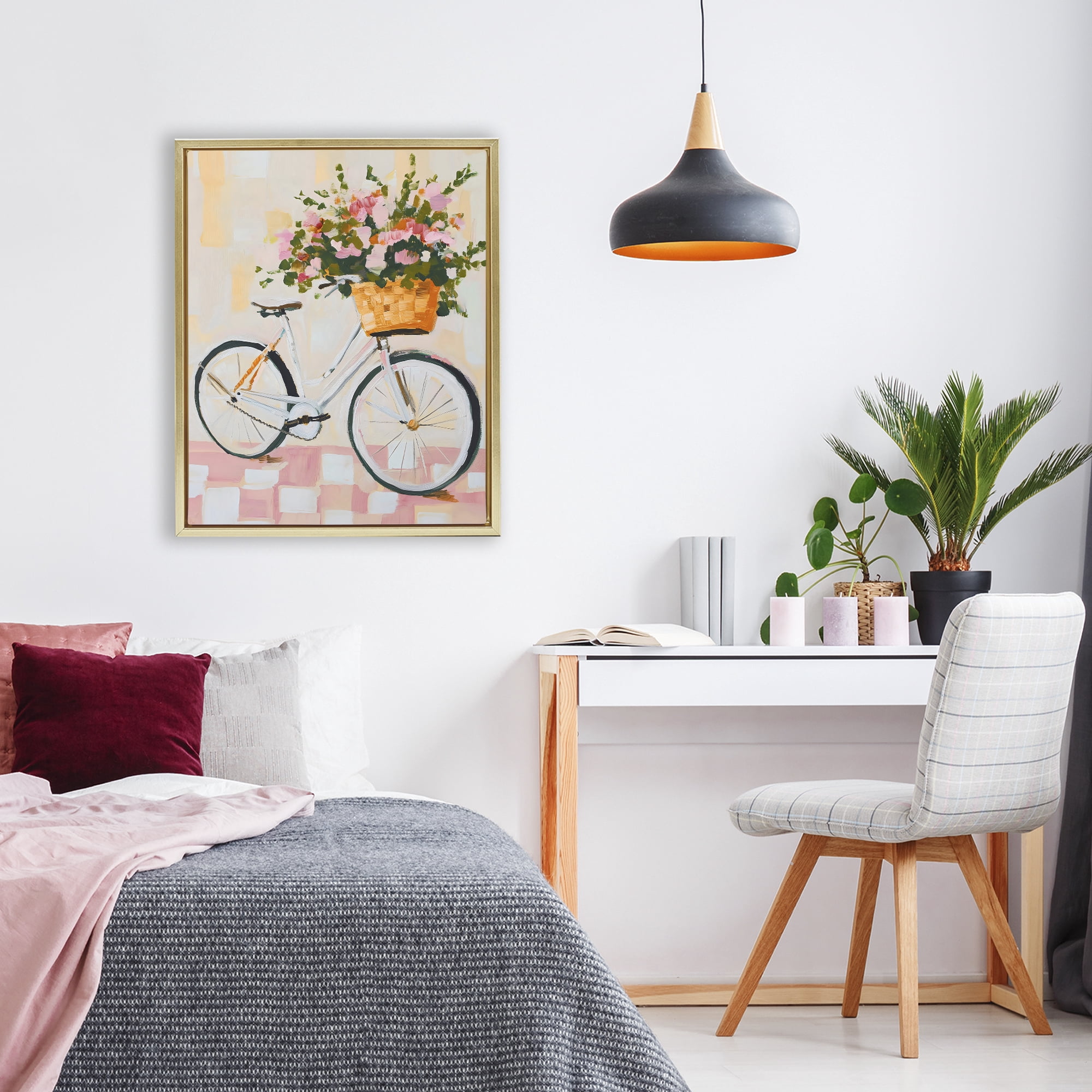 Stupell Industries Blooming Bicycle Basket Gold Framed Floater Canvas Wall Art, design by The Prints Vibe