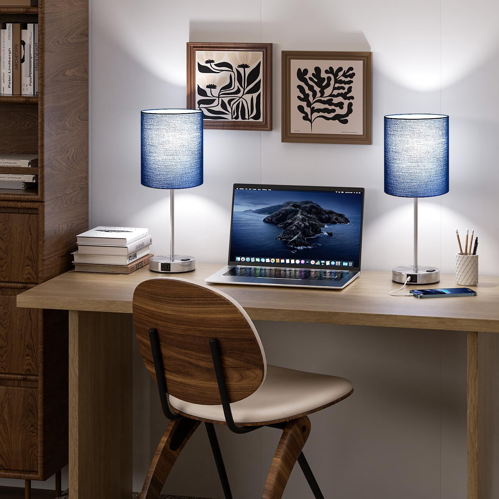 Blue Touch Lamps For Nightstand Set Of 2 - Bedside Table Lamp Bedroom With Dual Usb Ports & Ac Outlet  3-way Dimmable Living Room Night Light 5000k Daylight Bulbs