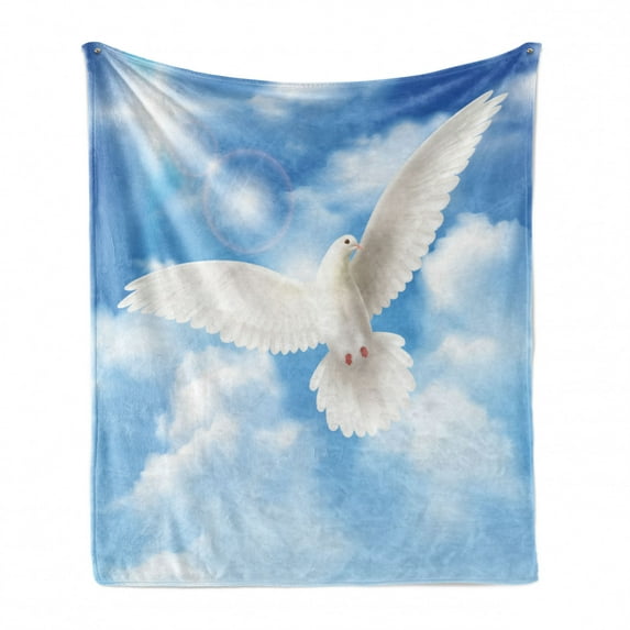 Bird Print Soft Flannel Fleece Throw Blanket, Innocent Pigeon Flying in Sunny Sky with Fluffy Clouds, Cozy Plush for Indoor and Outdoor Use, 50" x 60", Azure Blue Pale Taupe, by Ambesonne