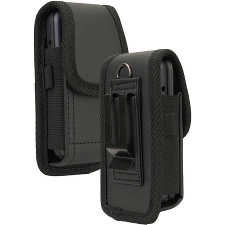 Nakedcellphone Pouch for Alcatel Go Flip 4 TCL Flip Pro Phone (4056) Case, Black Vegan Leather Vertical Holster Holder Strong Metal Clip and Secure Belt Thread Loop Harness - Quiet Magnetic Closure