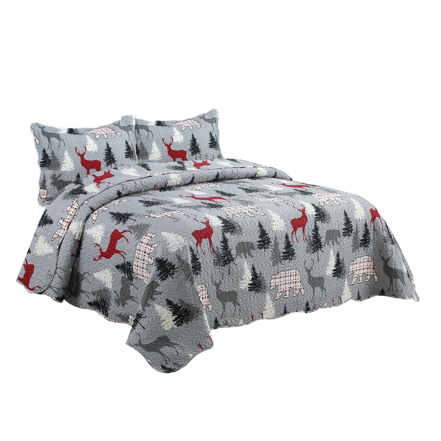 Marina Decoration Rich Printed Embossed Pinsonic Coverlet Bedspread Ultra Soft Bedding Summer Quilt Set with Shams, Cabin Reindeer Moose Bear Pattern