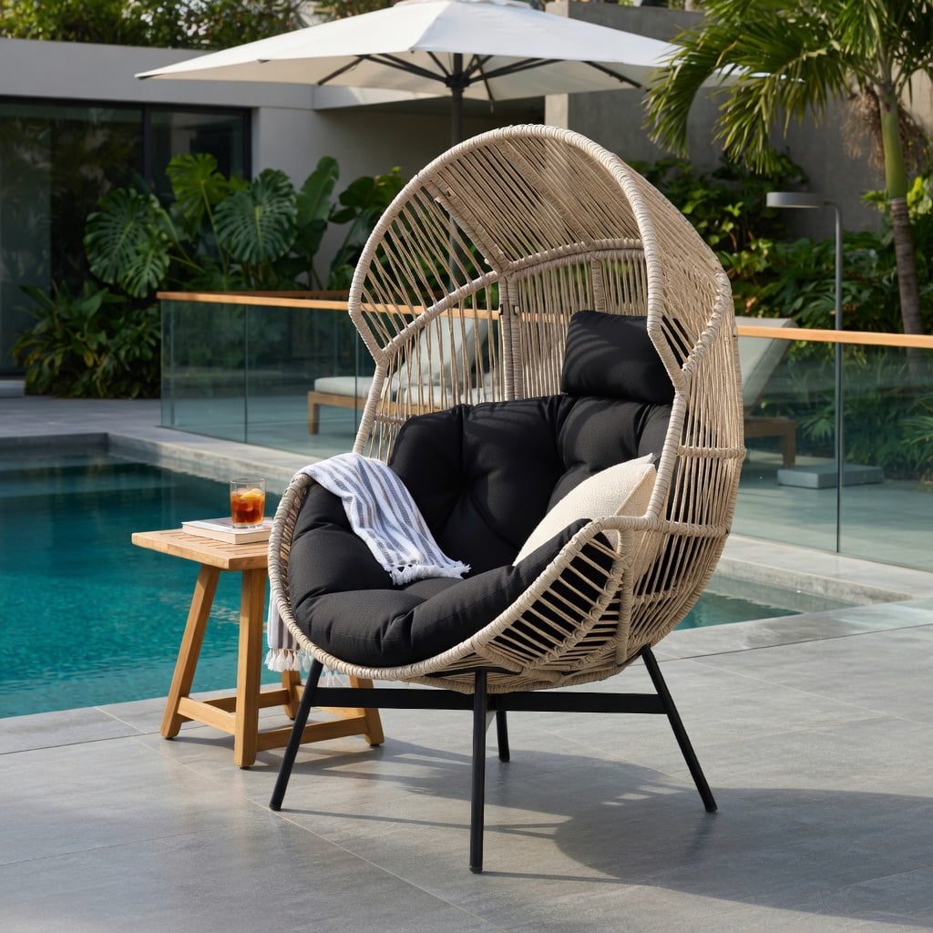 Hommoo Oversized Wicker Egg Chair with Thick Cushions, Headrest, and Heavy-Duty Metal Frame, Indoor/Outdoor Lounge Seating, Black