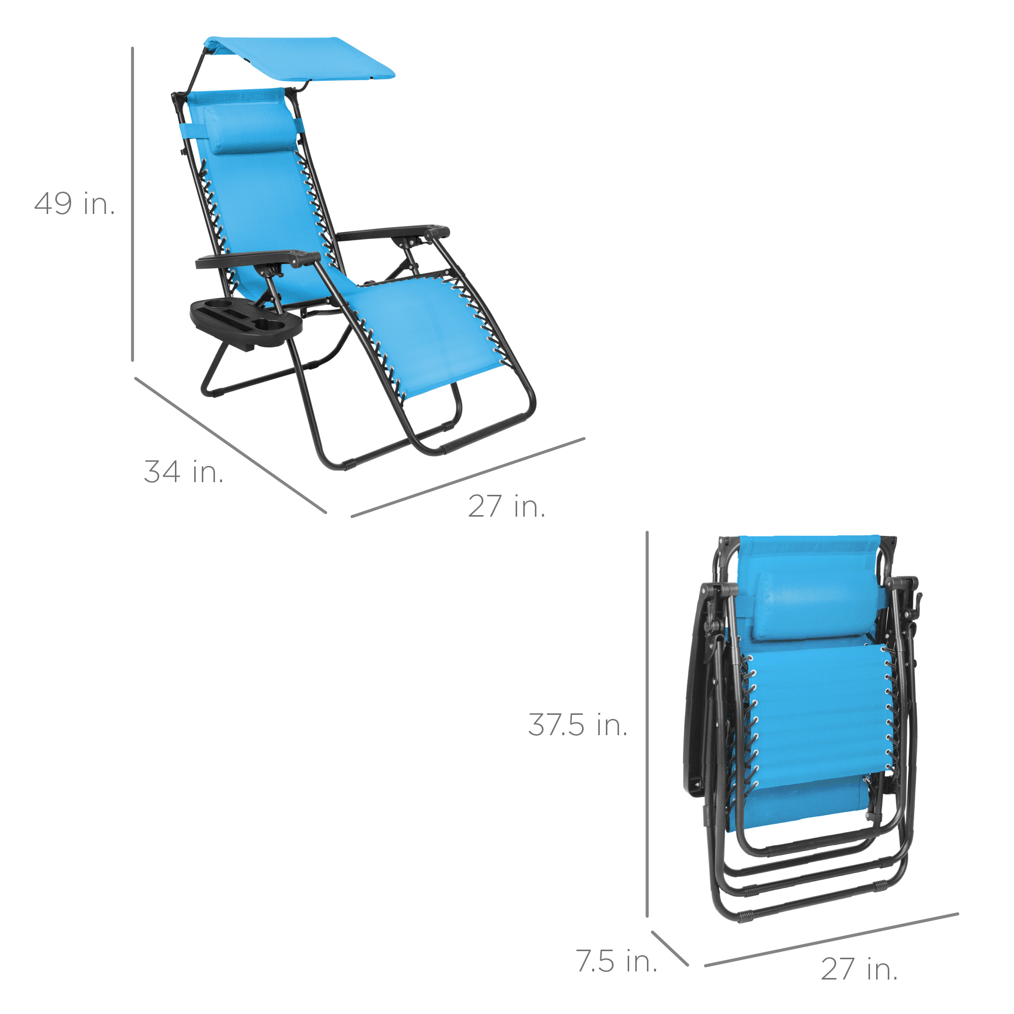 Best Choice Products Folding Zero Gravity Recliner Patio Lounge Chair w/  Canopy Shade, Headrest, Side Tray Light Blue