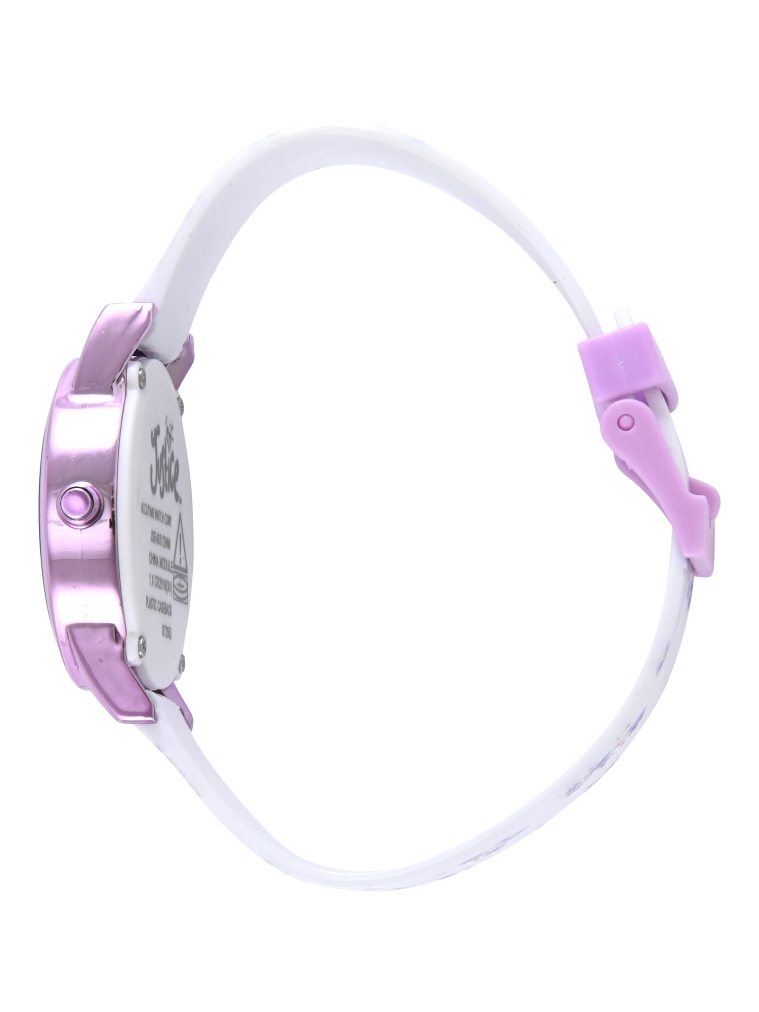 Justice Girls White Floral Printed Silicone Strap Watch with Purple Metallic Bow Shaped Case & Matching Stretch Bracelets; JSE40312WM