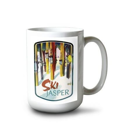 

Lantern Press 15 fl oz Ceramic Mug Jasper Canada Ski Colorful Skis Dishwasher & Microwave Safe