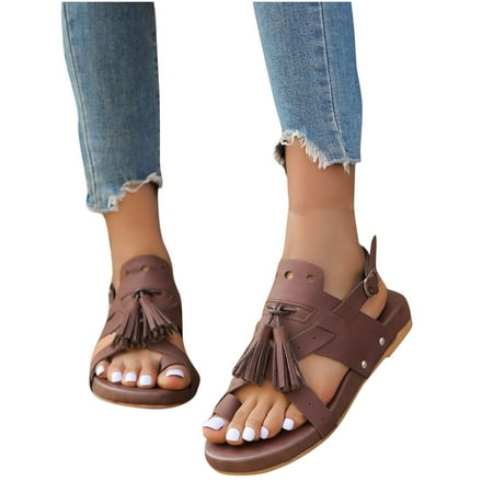

YYYTop Wedge Sandals for Women Comfortable Sandals for Women Leather Tassel Pendant Shape Soft Soles Comfortable Flat Bottoms Sport Casual Solid Color Metal Buckle Sandals House Slippers for Woman On