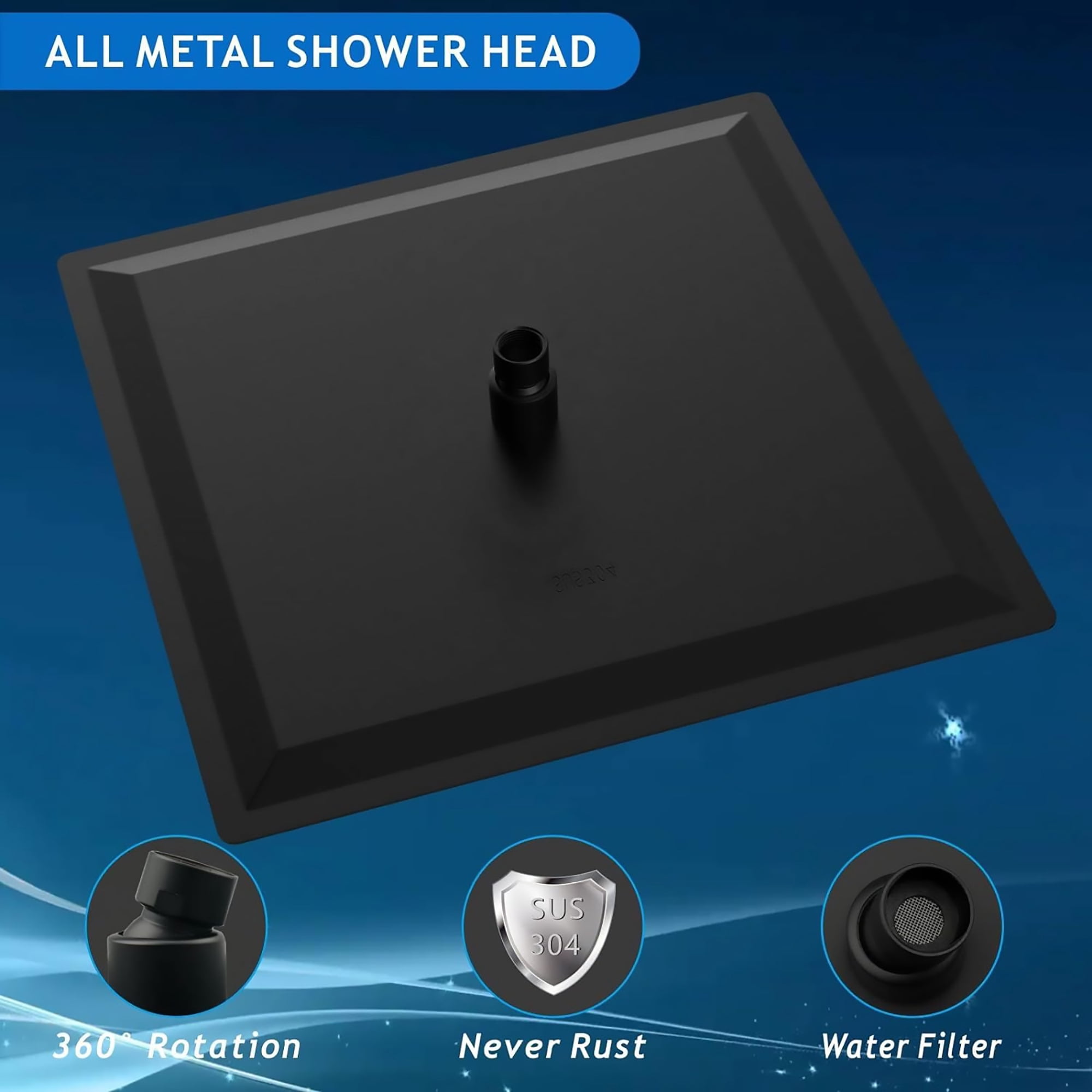 16-Inch Matte Black Rain Shower Head – High Pressure Stainless Steel, Square, Wall or Ceiling Mount