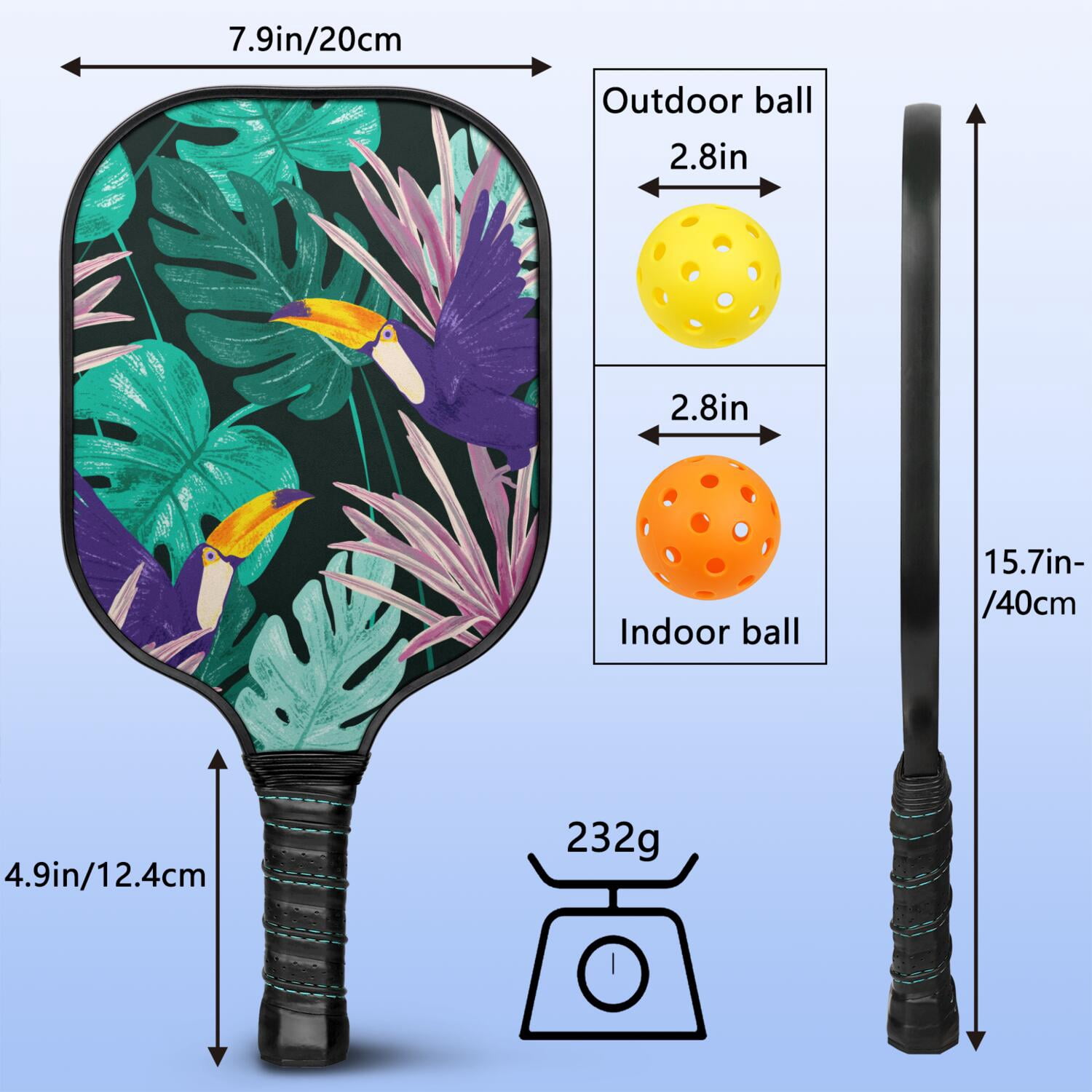 Pickleball Paddles Set Of 2, Fiberglass Surface, Tropical Jungle Print, 4 Balls & Bag