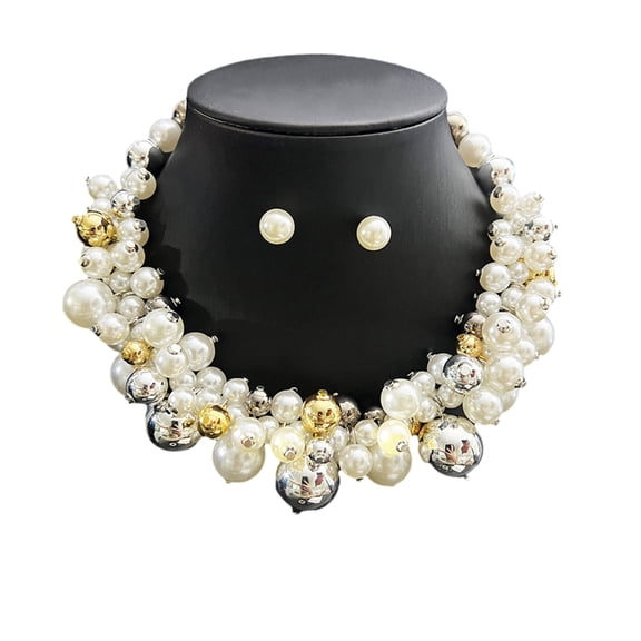 Short Length Faux Pearls Necklace Earrings Set Modern Retro Design Jewelry Piece