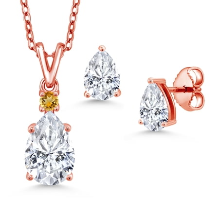 18K Rose Gold Plated Silver White Moissanite and Yellow Citrine Pendant and Earrings Jewelry Set for Women (3.38 Cttw, Gemstone Birthstone, Pear Shape 10X7MM and 7X5MM, with 18 inch Chain)