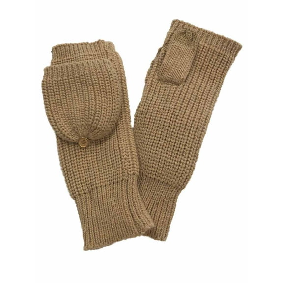 Womens Chunky Tan Knit Fingerless Flip Top Convertible Gloves Mittens Brown