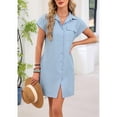 thumbnail image 4 of Women'S Solid Color Casual Button Down Tie Waist Woven Dress Midi Shift Summer Dress Blue L, 4 of 9
