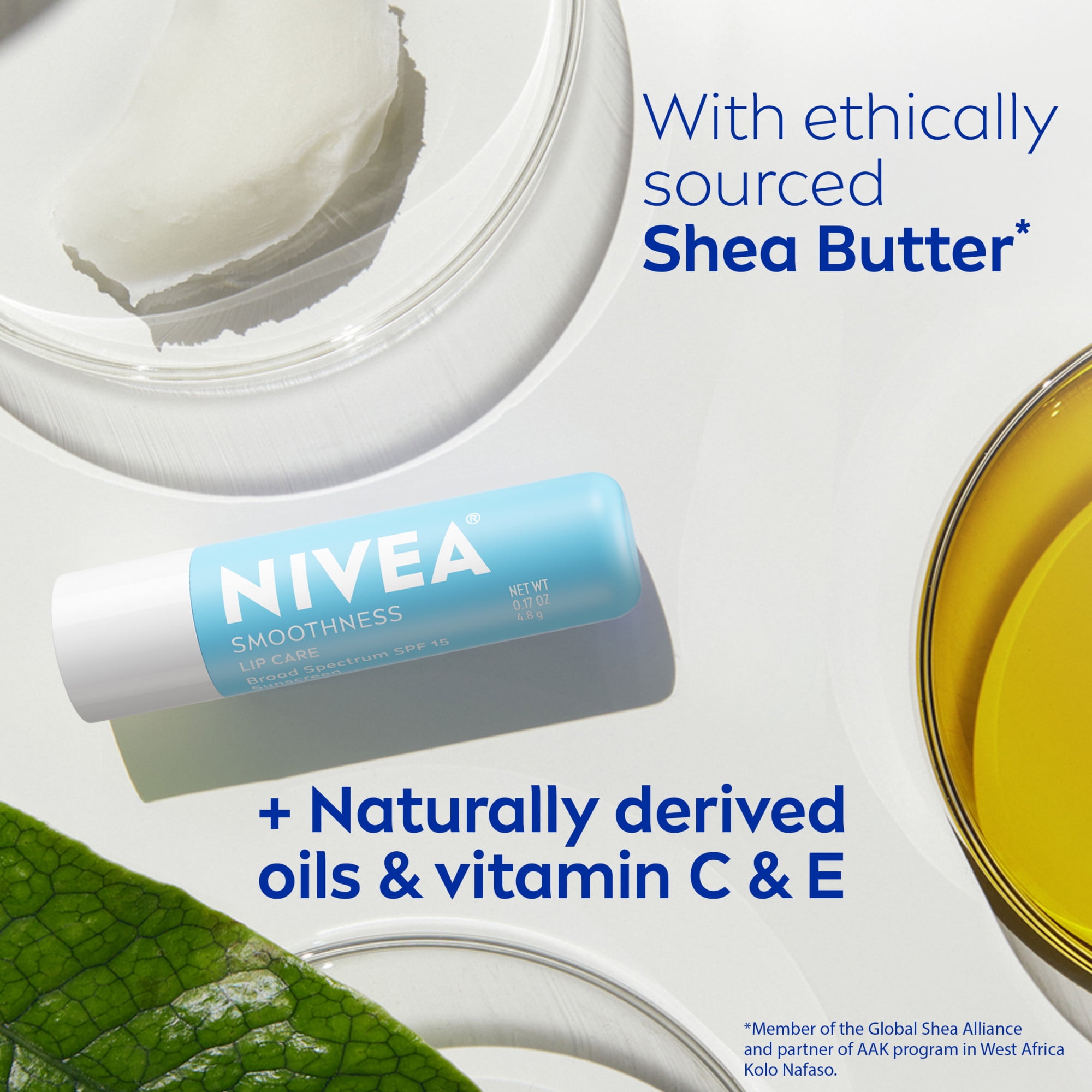 (3 pack) NIVEA Smoothness Lip Care, Lip Balm SPF 15 with Shea Butter, Vitamin C & E, 0.17 oz, 2 Pack