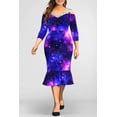 thumbnail image 3 of Plus Size Galaxy Print Cold-Shoulder Mermaid Midi Dress, V-Neck 3/4 Sleeve Ruffle Hem Bodycon Party Dress, 3 of 3