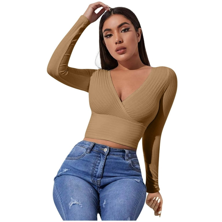 Hfyihgf Women s Sexy Wrap V Neck Cropped Sweater Long Sleeve Slim Fit Ribbed Knitted Workout Pullover Tops Khaki 3XL