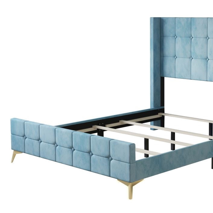 Home Design Gisella Full Upholstered Panel Bed Frame with Headboard Wingback for Adult, Blue, Easy Assembly