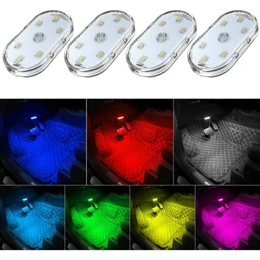 4Pcs Car LED Lights Interior Wireless, 7 Colors Interior Car Lights with 6 Bright LED Lamp Beads, Portable USB Rechargeable Car Interior Led Night Light for Car Decor
