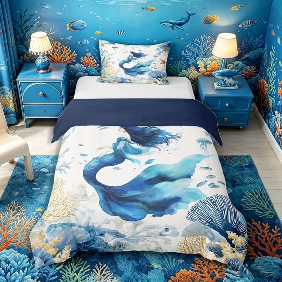 Castle Fairy Dreamy Watercolor Mermaid Print Twin Duvet Cover,Coral Jellyfish Pastel Sea Layout Twin Bedding,Sky Lavender,Navy Blue Reversible,2pcs,No Comforter,1 Duvet Cover and 1 Pillowcase