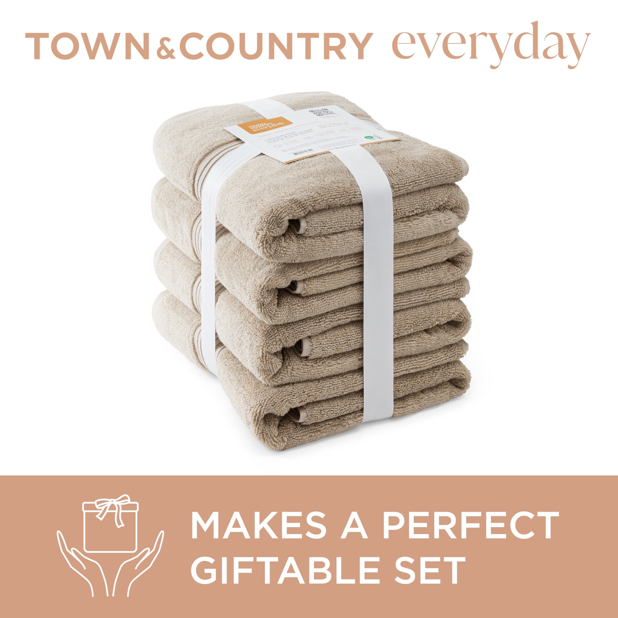 TOWN & COUNTRY EVERYDAY 6-Piece Assorted Solid Dobby Border Set, 2-Bath Towels, 2-Hand Towels, 2-Washcloths, 100% Cotton, Plush & Absorbent 650GSM, Beige