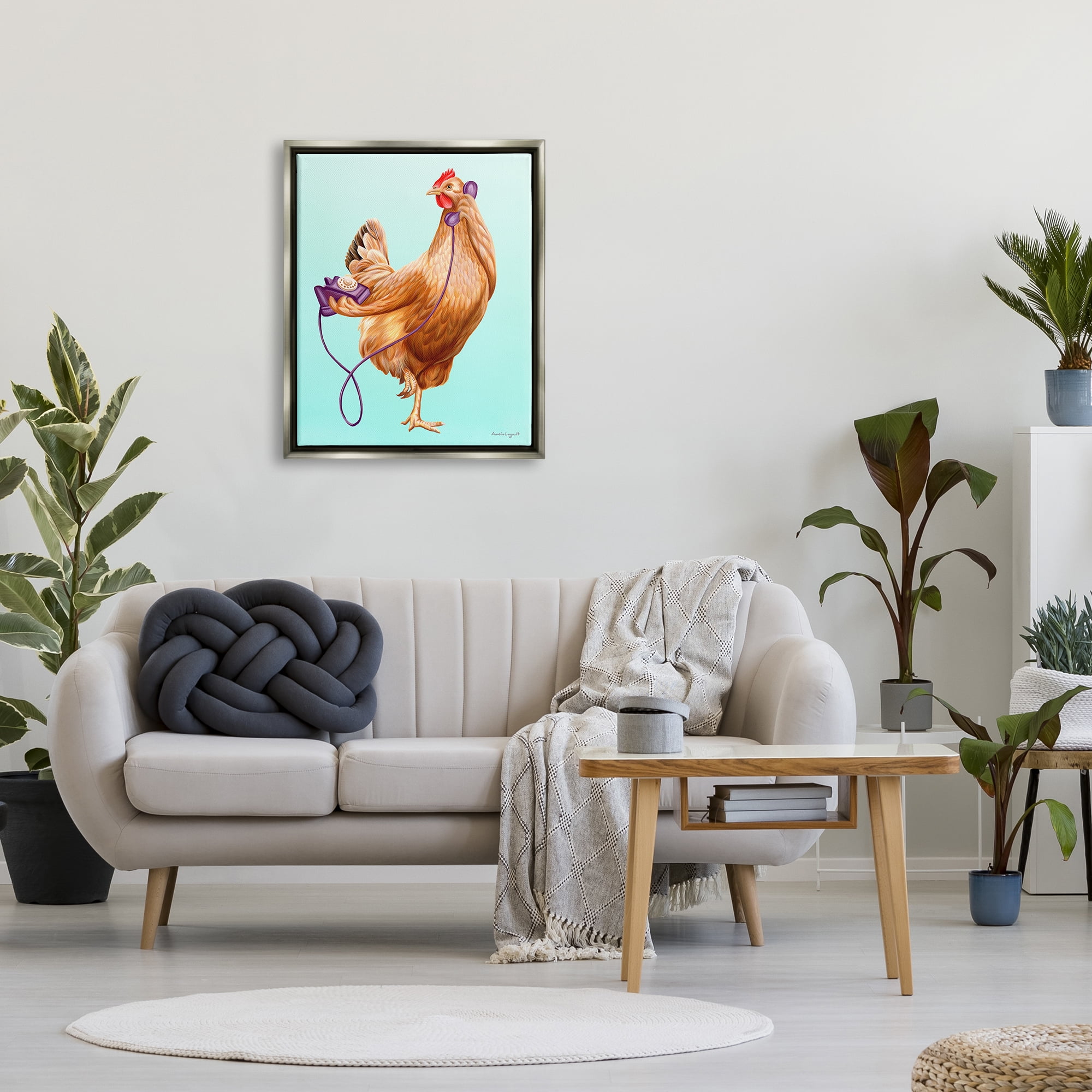 Stupell Industries Chicken Hen Bird Talking Purple Rotary Phone Graphic Art Luster Gray Floating Framed Canvas Print Wall Art, Design by Amelie Legault