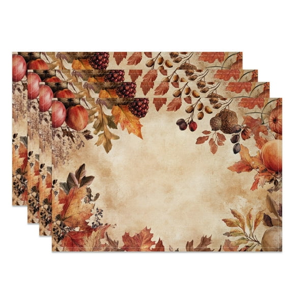 MIZHONA Fall Leaves Placemats Set of 4,Autumn Pumpkins Thanksgiving Linen Table Mats for Table Decorations 12x18 in