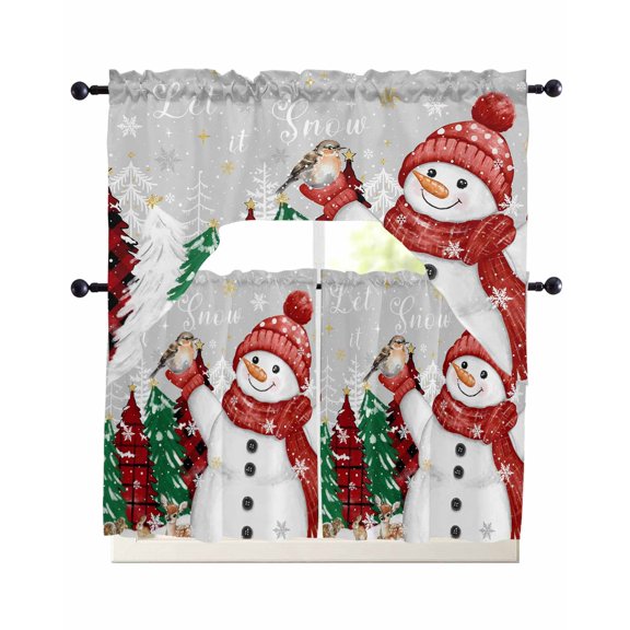 Grey Snowman Christmas Swag Curtains for Living Room/Bedroom Windows, Snowflake Xmas Tree Winter Elk Kitchen Curtains and Valances Set 36 Inch Length, Light Filtering Swags Valance Curtain Panels