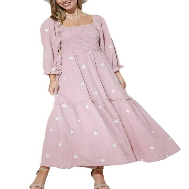 Robe Décontractée à Manches Longues Bouffantes Florale Col Carré Froncée Robe Longue de Soirée