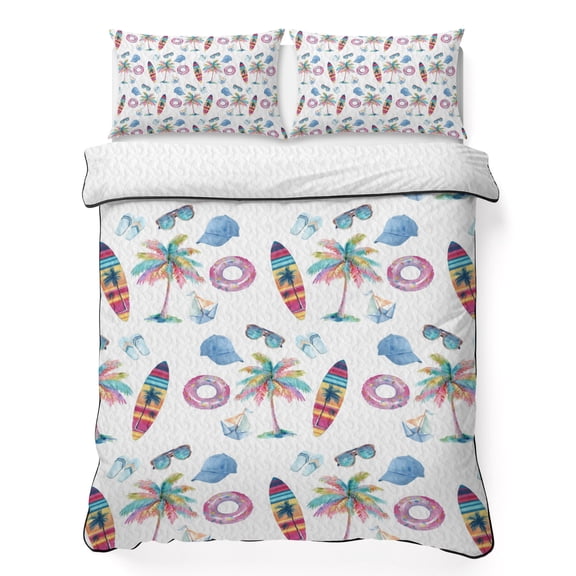 Quilts Twin XL Size Bedding Set, Summer Beach Lightweight Quilted Comforter, Colorful Surfboard Swim Ring Palm Tree Soft Reversible Bedspread Coverlet with Pillow Covers for All Season, 68" x 98"