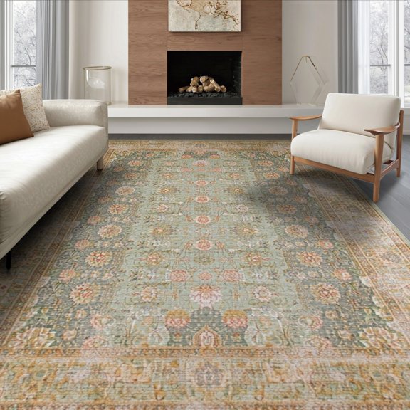 ODIKA 8'x10' Washable Area Rug Vintage Boho Trellis Ornamental Distressed Border Scrolls Scroll for Dining Room, Large Office, Lounge, Non-Slip Chair-Friendly Mat