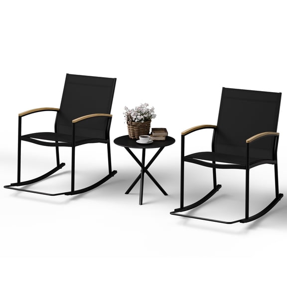 Walsunny Outdoor Rocking Bistro Set 3 Piece Metal Patio Porch Furniture with 2 Patio Rocking Chairs 1 Patio Table,Black