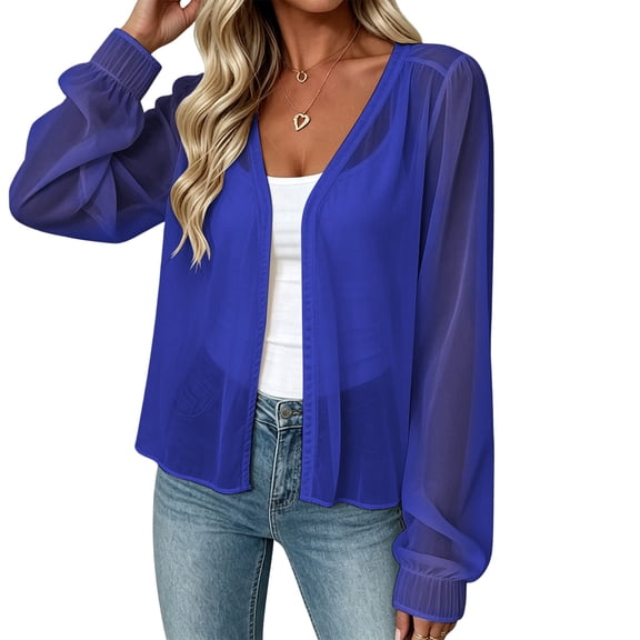 Cmfcve Women's V Neck Long Sleeve Cardigans Chiffon Open Front Shrugs Lightweight Sheer Summer Beach Cover-Up Tops