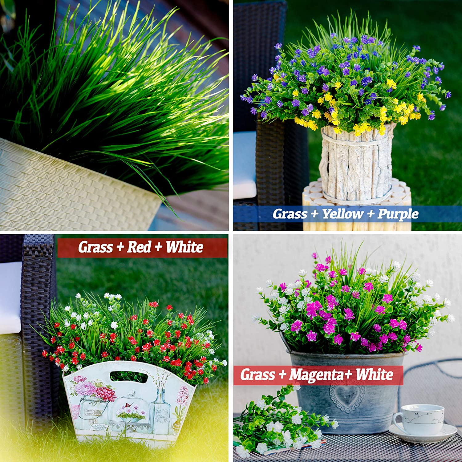 Viworld Artificial Wheat Grass Fake Outdoor Plants - 12 Bundles Artificial Greenery UV Resistant Bundles Faux Plastic Flowers Shrubs Tall Stems for Home Porch Patio Decorations Weddings (Green Grass)