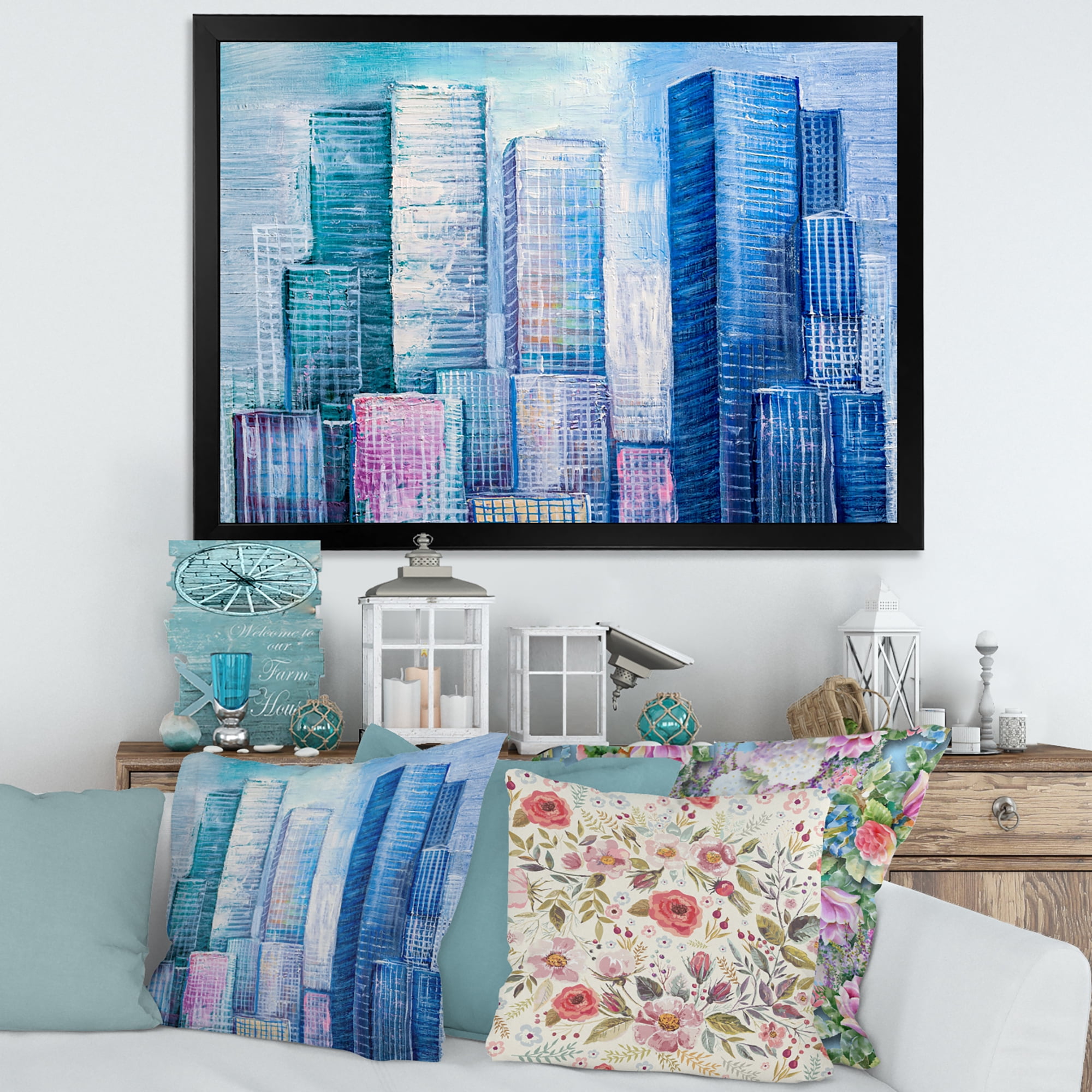 Designart 'Abstract Style Cityscape Panorama Skyscrapers I' Modern Framed Art Print