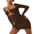 thumbnail image 2 of Robe Mini Sexy Dos Nu Moulante Coupe Basse Manches Longues Robe Cocktail Lacée Froncée Robe de Soirée Club, 2 of 5