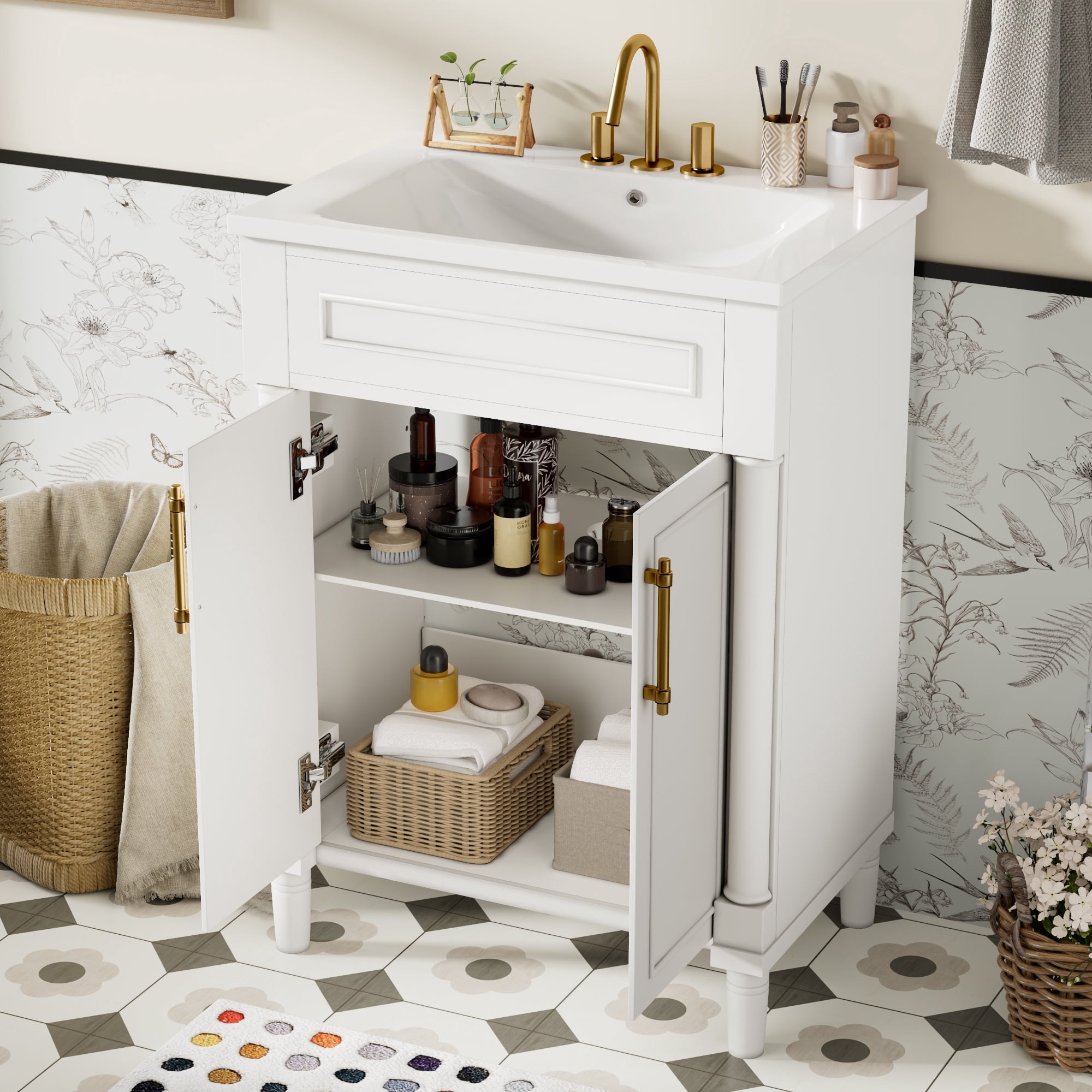 Euroco 24" Small Bathroom Vanity with Half-Moon Sink – Solid Wood Frame, Adjustable Storage Shelf, Painted Finish & Easy Assembly (Faucet Not Included)