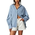 thumbnail image 2 of Women's Button Down Oversized Loose Tops  Fashion V-Neck Long Puff  Sleeve Shirt Casual Solid Color Summer Beach Blouse, 2 of 9