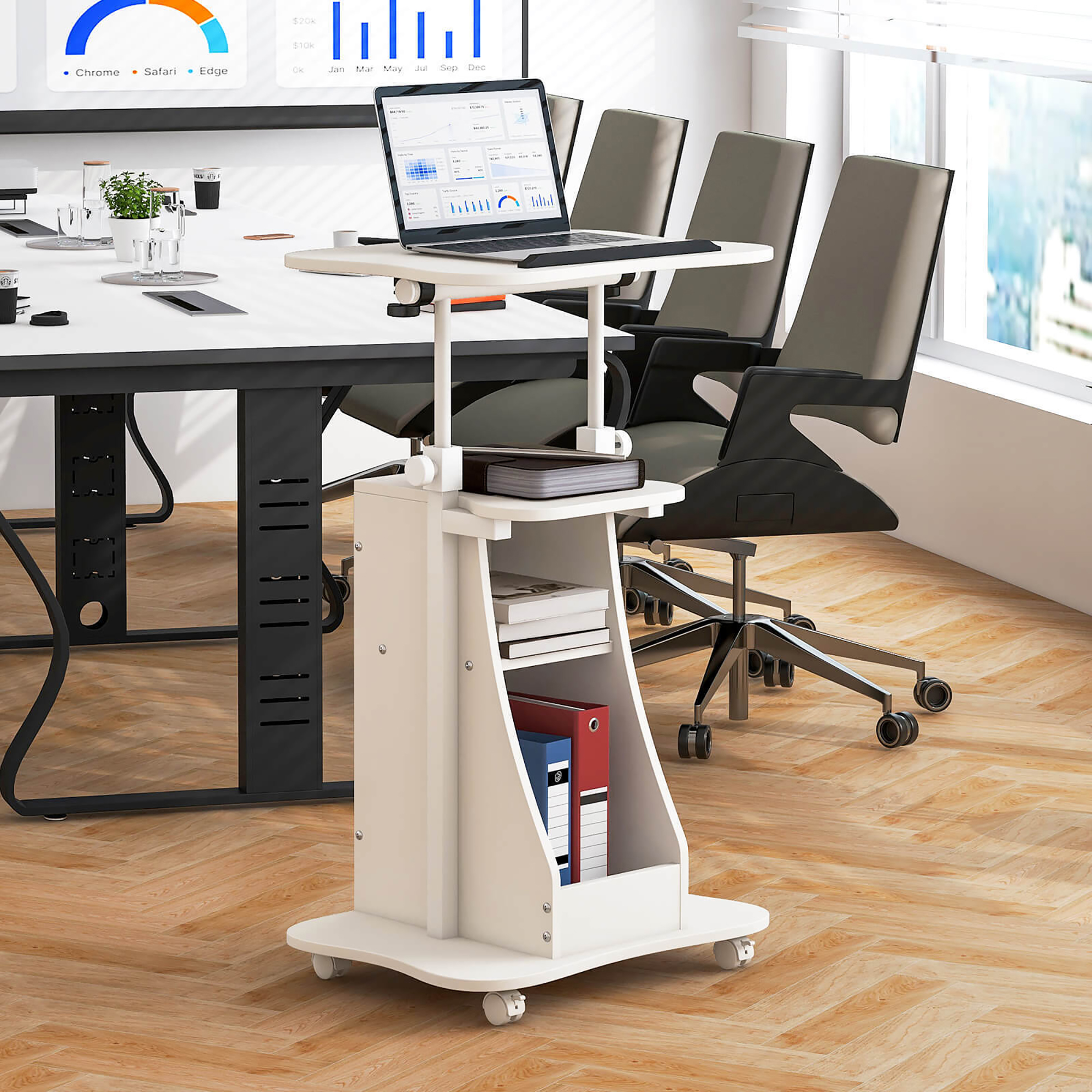 Bureau Debout Mobile Réglable GYMAX - Plateau Inclinable 0-45°, Hauteur 63.5-95 Cm, 4 Roues - Pour Salon/Bureau
