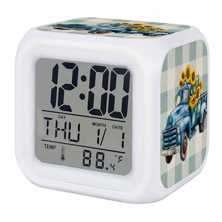 Blue Truck Yellow Sunflower Digital Alarm Clock for Bedrooms,Smart LED Alarm Clock with 7 Color Changing Night Light,Summer Teal Plaid Vintage Silent Wake Up Clocks for Sleep Study Cooking 3.2x3.2