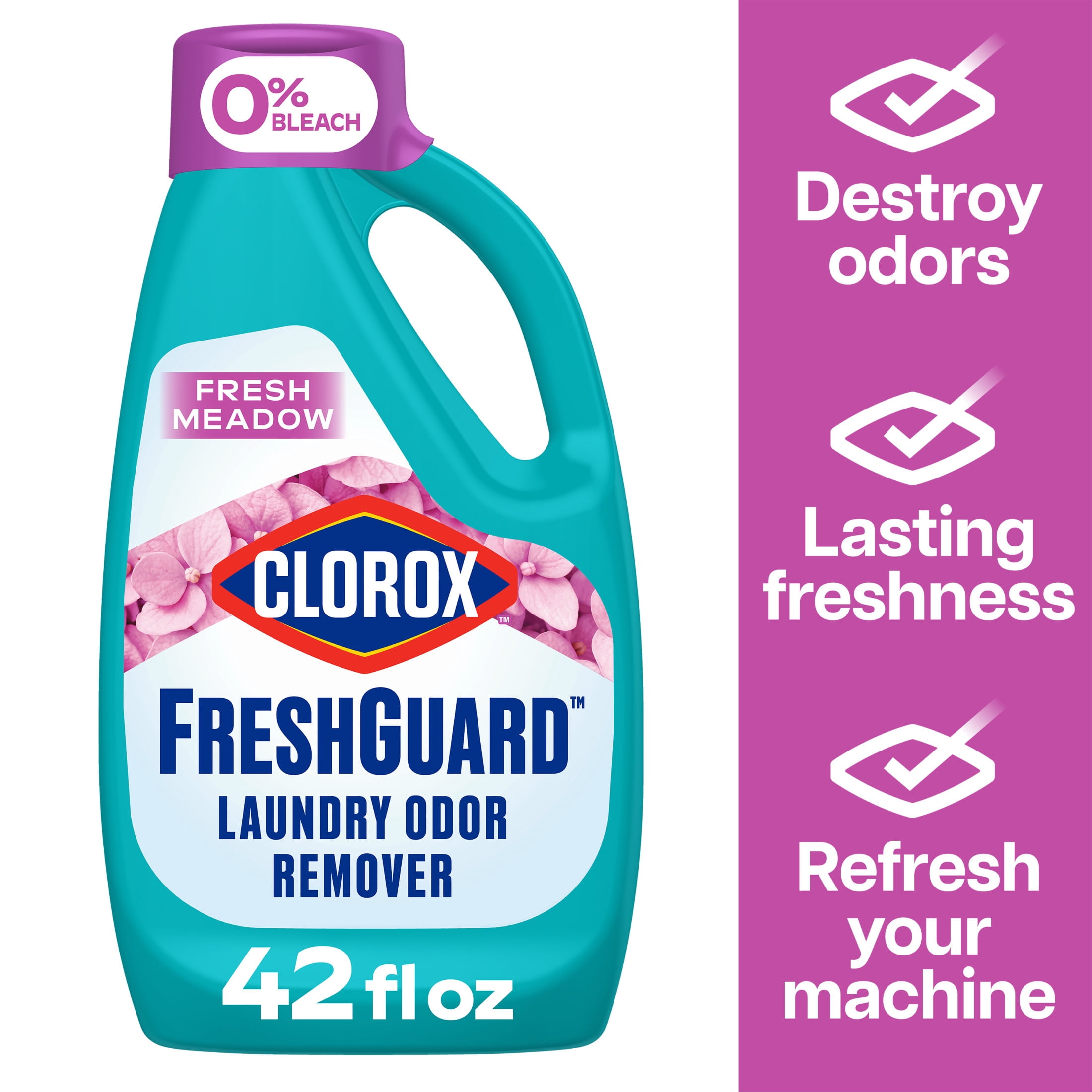 (4 pack) Clorox FreshGuard Laundry Odor Remover, 0% Bleach, Color Safe, Fresh Meadow, 42 fl oz