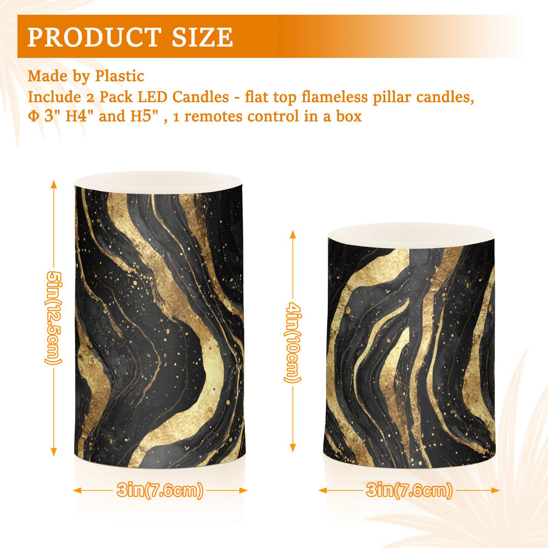 Black and Gold Abstract Flickering Flameless Candles Battery Operated with Remote Timer LED Pillar Candles Set of 2