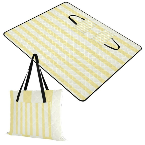 Extra Large Picnic Beach Blanket Waterproof Sand Proof Portable Outdoor Mat Light Yellow and Off-white Striped 60x80