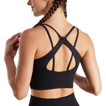 

Nebility Women Strappy Racerback Sports Bra Longline Yoga Crop Top Camisole Medium Support Wirefree Padded Workout Bra(Black L)