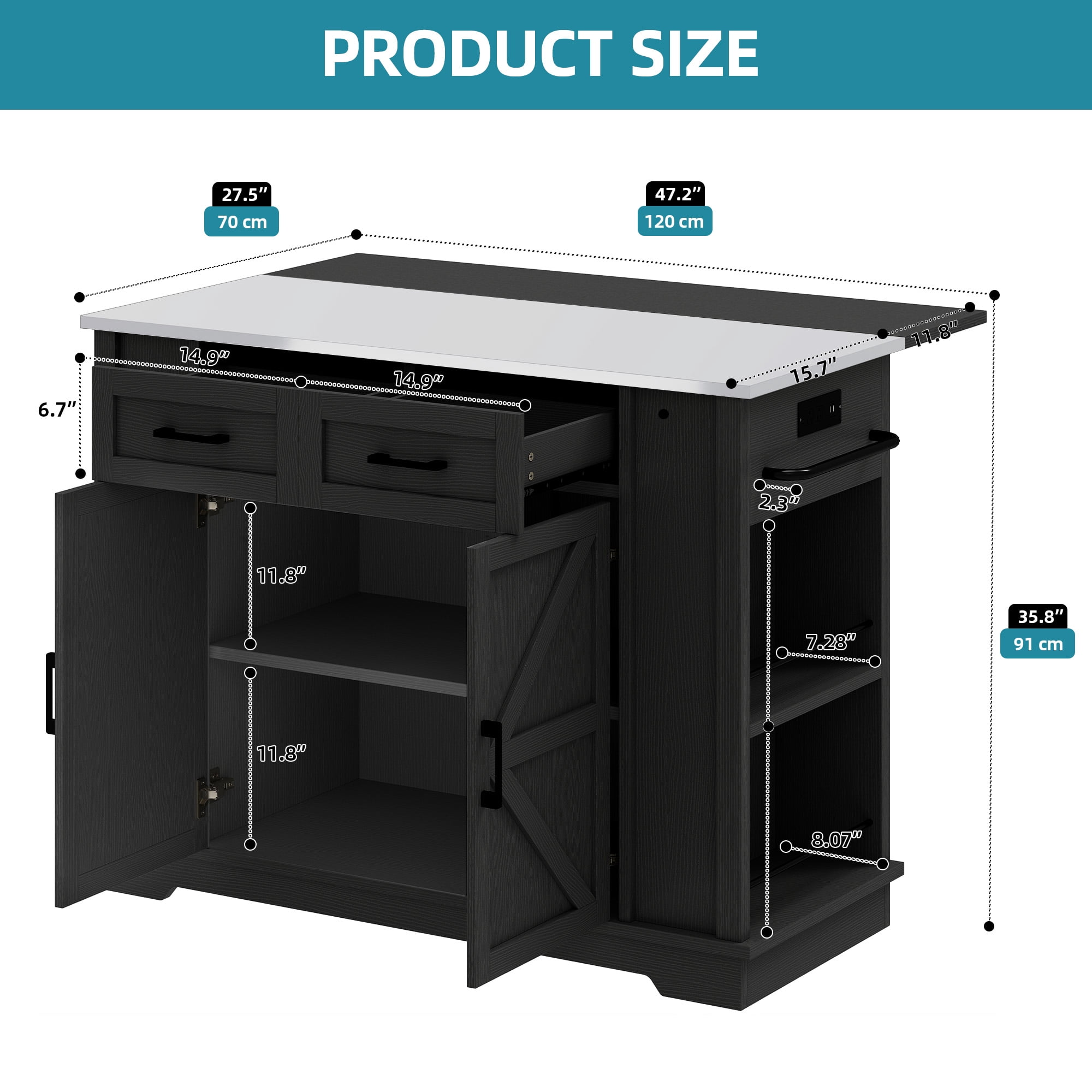Uforic 47 Inch Mobile Kitchen Island Cart with Stainless Steel Top, Built-in Power Outlet, Adjustable Shelves, Spice Rack & Towel Rack, Rolling Storage Cabinet for Kitchen, Black